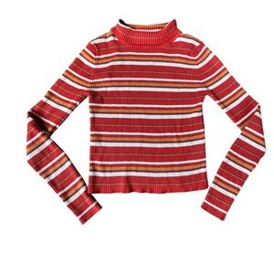 Pink Republic Striped Mock Neck Ribbed Long Sleeve Cropped Sweater‎ Top Size M